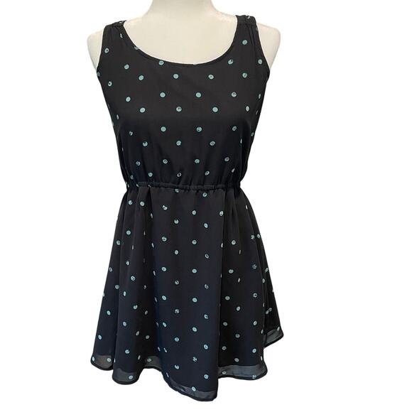 O’Neill Skater Mini Dress Sz L Crossover Back Cut Out Sleeveless Polka Dots Blue - Picture 1 of 9